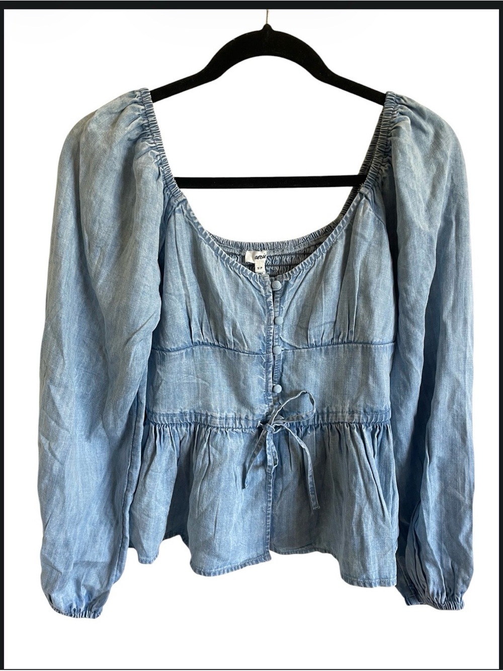 NWT Aerie Light Wash Chambray Puff Sleeve Peplum Top